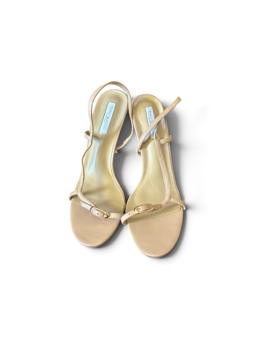 Tony Bianco Nude Leather T-Strap Sandals with Gold Buckle